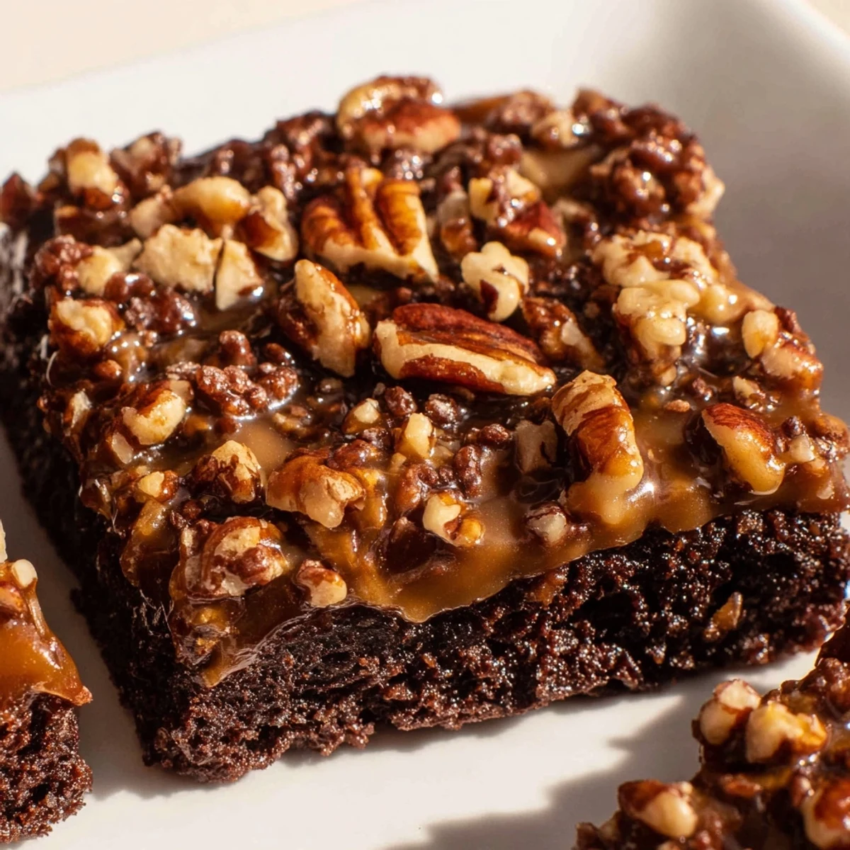 Golden-brown New Orleans Praline Brownies with a crackly top and a thick, glossy praline pecan glaze.