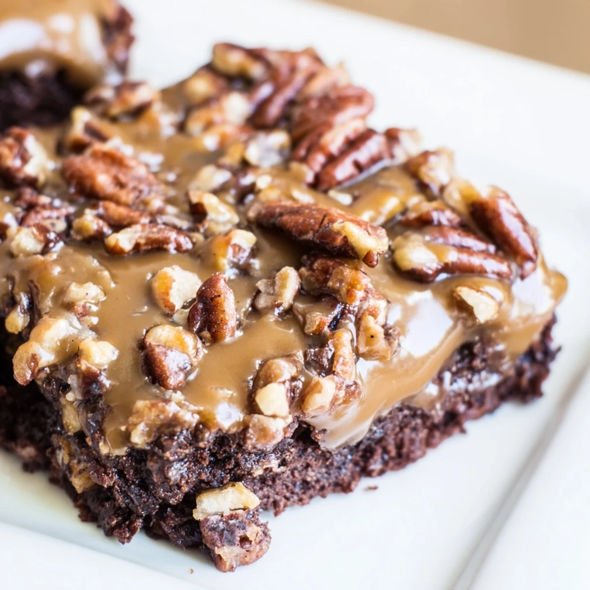 Fudgy squares of New Orleans Praline Brownies are cut and ready to serve with cold milk.