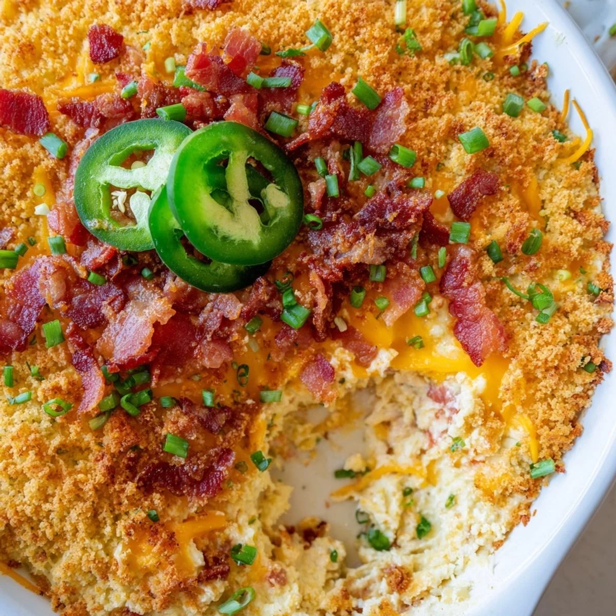 A serving of Super Bowl Jalapeño Popper Dip on a plate, garnished with fresh jalapeño slices and chives, surrounded by sturdy tortilla chips.