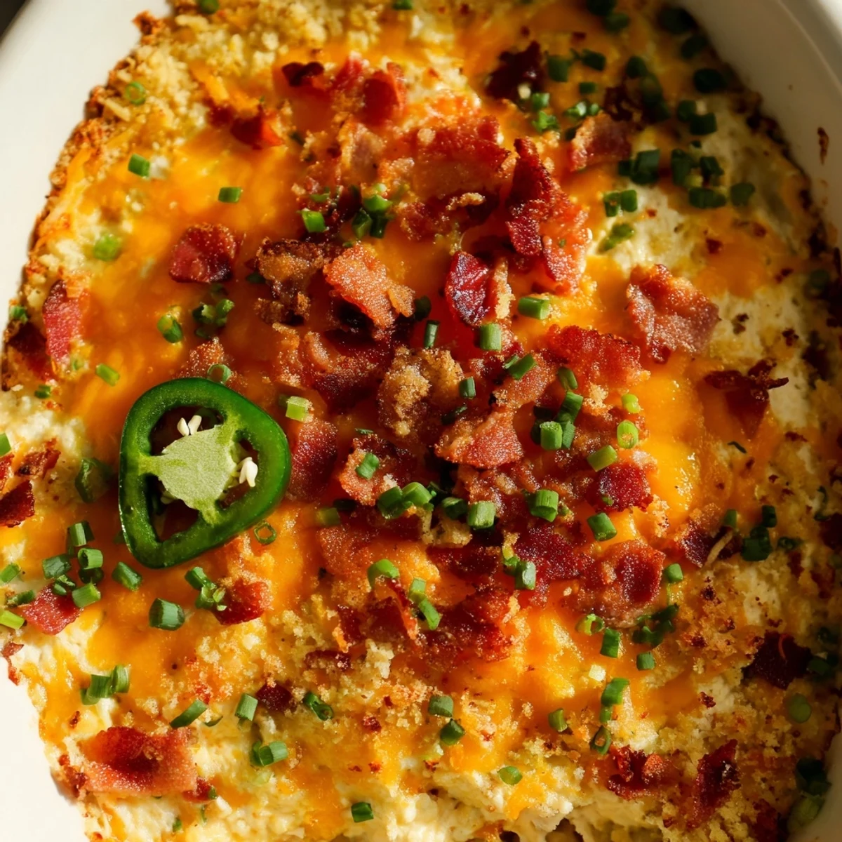 A close-up of hot Super Bowl Jalapeño Popper Dip in a baking dish, with melted cheese and golden panko topping, ready to scoop with a chip.