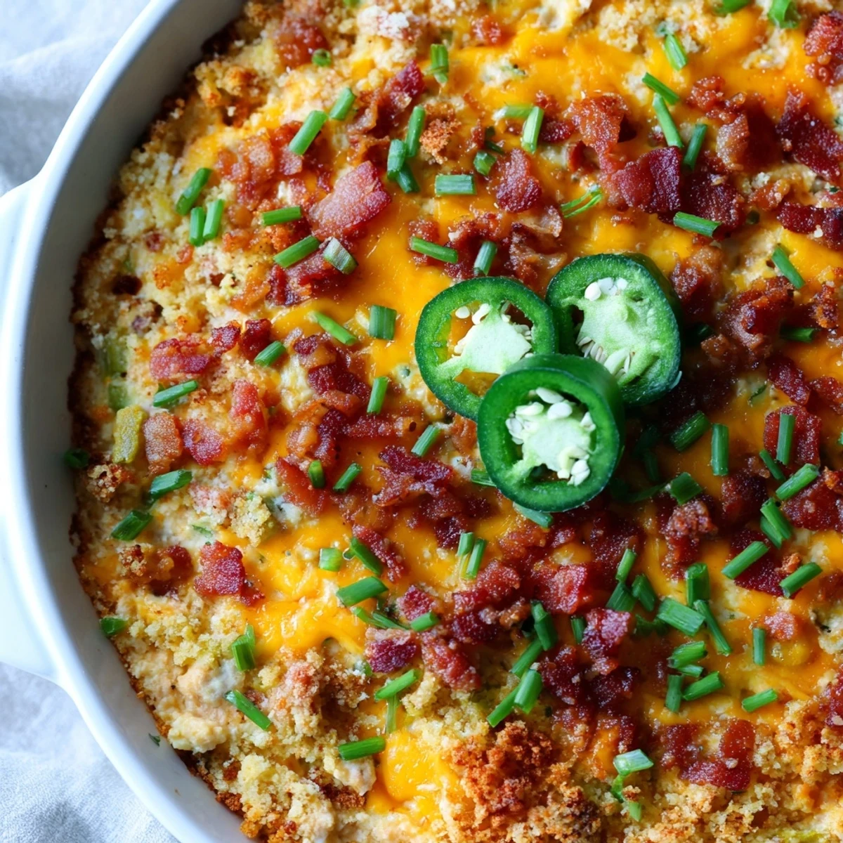 A warm, bubbly skillet of Super Bowl Jalapeño Popper Dip, its creamy cheese and spicy jalapeños inviting guests to dip in for a game-day snack.