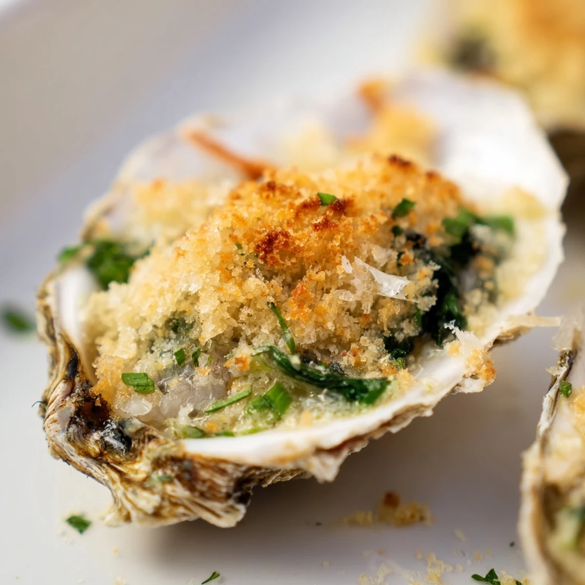 Golden, baked oysters Rockefeller topped with spinach, herbs, and crispy Parmesan panko crumbs, served on a bed of rock salt.