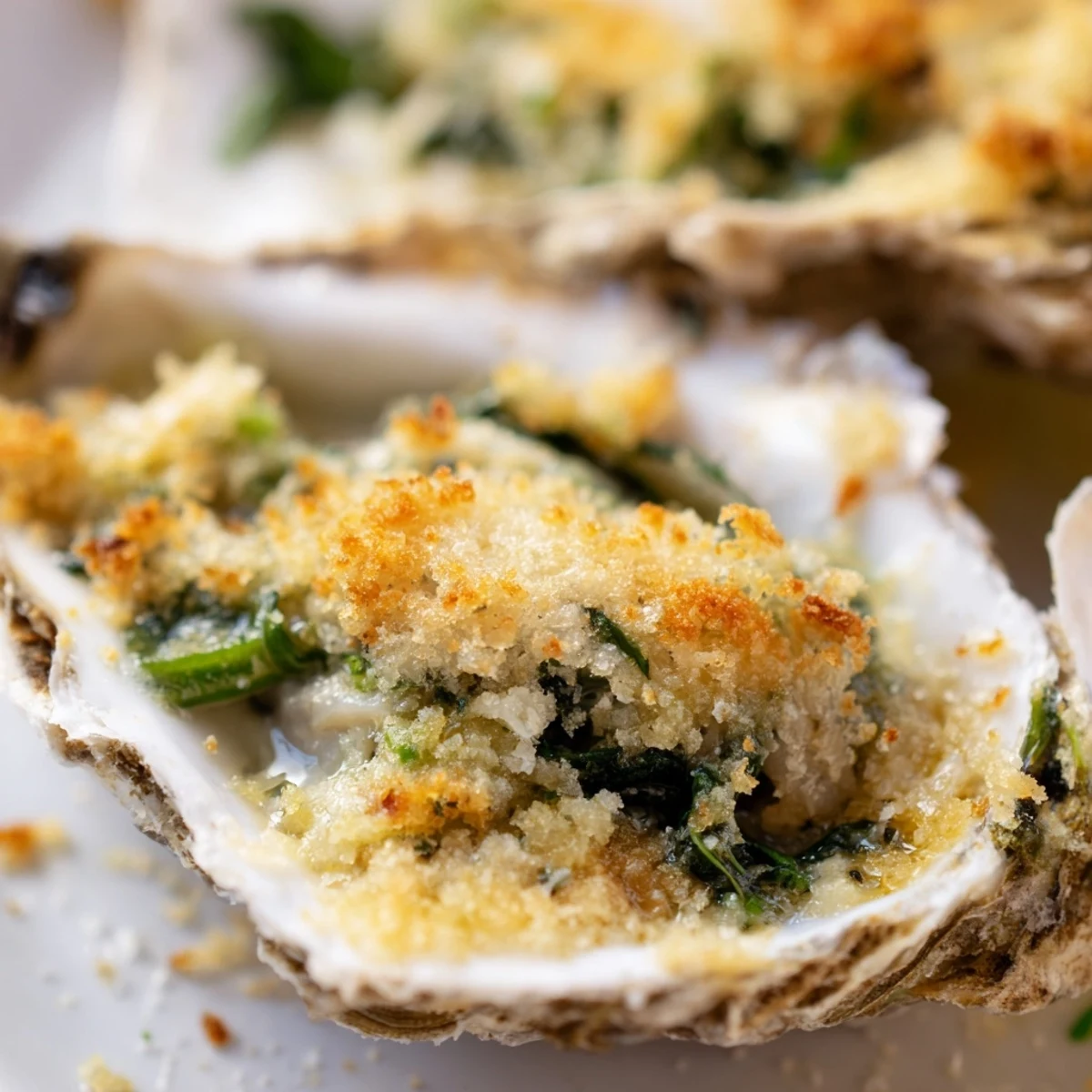 A close-up of tender oysters Rockefeller with a bubbling, cheesy breadcrumb crust and fresh lemon wedges on the side.