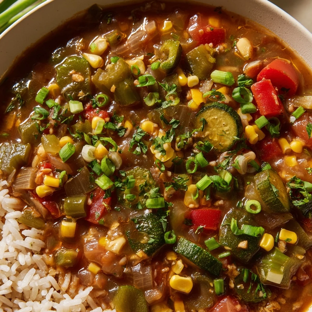 A close-up of Creole Vegetable Gumbo in a white bowl, the thick, dark roux-based stew brimming with colorful vegetables like okra, bell peppers, and corn, served over a fluffy mound of white rice.