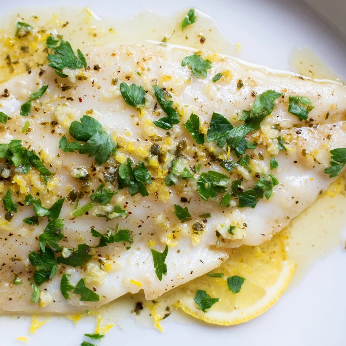 Golden-brown baked tilapia fillets glistening with lemon garlic butter, garnished with fresh parsley and lemon slices on a white plate.  