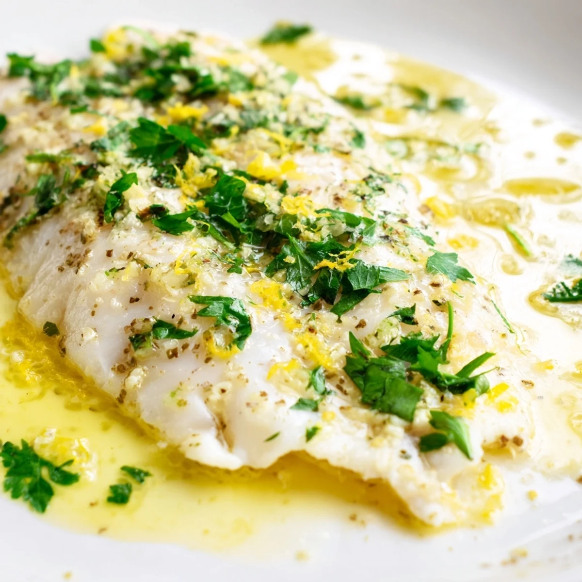 Sizzling Baked Tilapia with Lemon Garlic Butter, garnished with fresh parsley and lemon slices on a white plate.