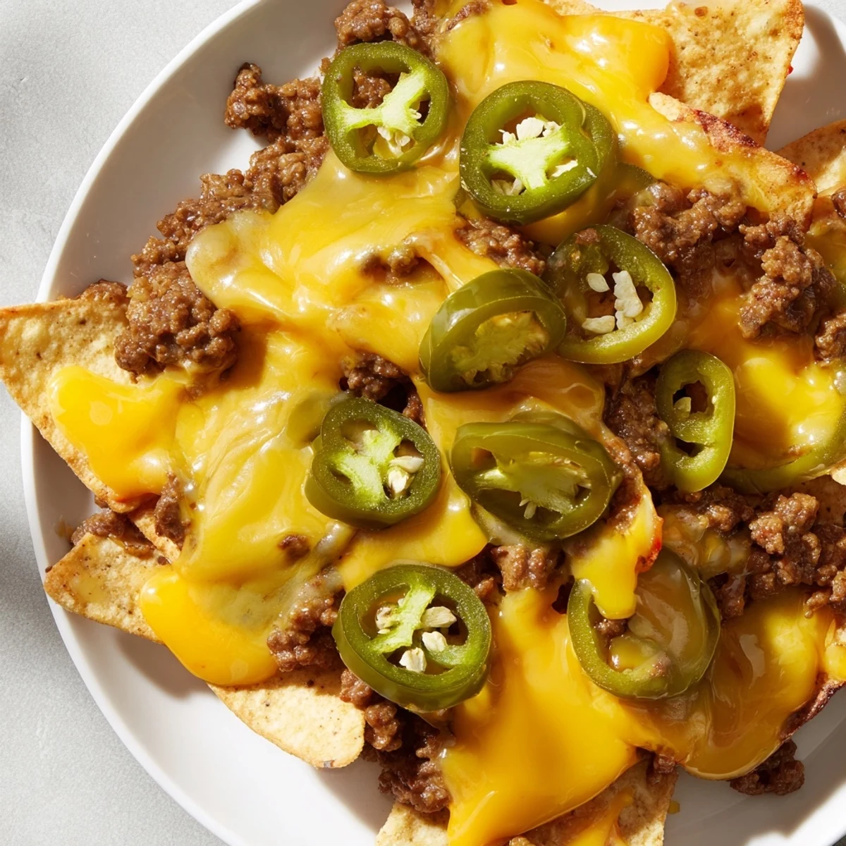 A close-up of Beef Nachos with Jalapenos and Cheese, featuring melty cheddar and Monterey Jack on hearty chips.