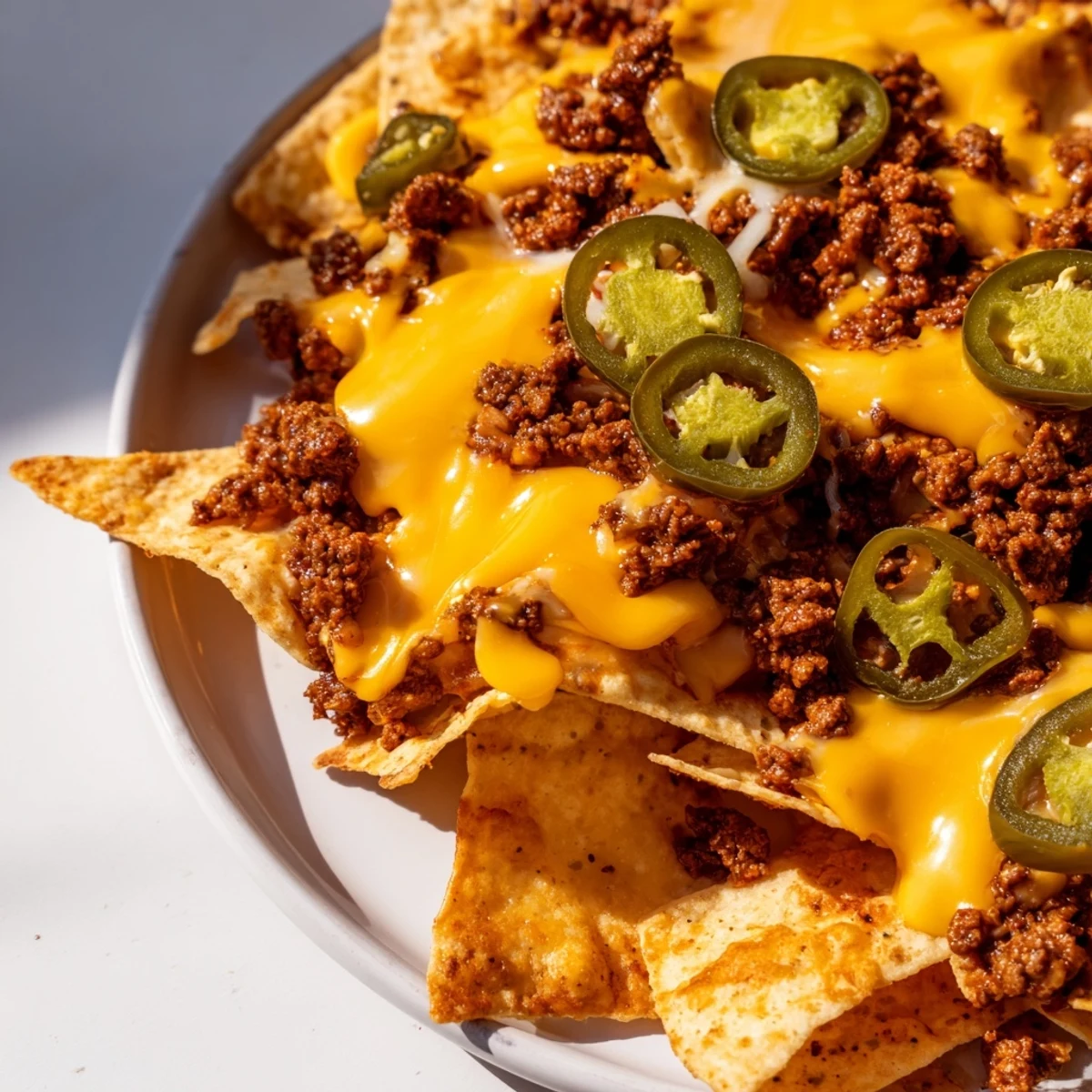 Golden, bubbly cheese drapes over seasoned ground beef and crispy tortilla chips in this classic Beef Nachos with Jalapenos and Cheese.