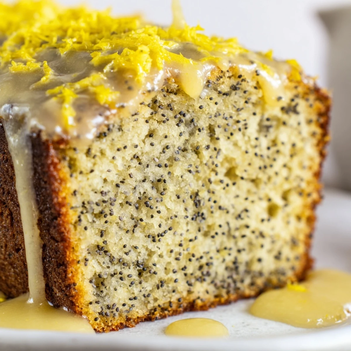Overhead view of a whole Lemon Poppy Seed Loaf with Lemon Glaze, topped with zest, ready for brunch or tea.