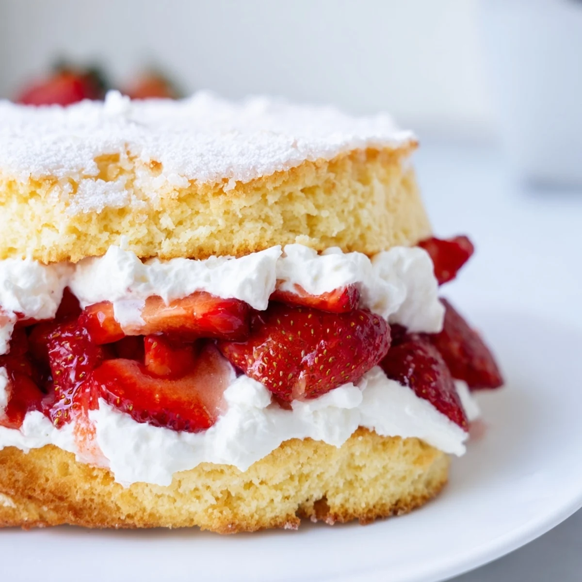Freshly baked Valentine Strawberry Shortcake with heart-shaped biscuits, layered with juicy strawberries and clouds of whipped cream.  
