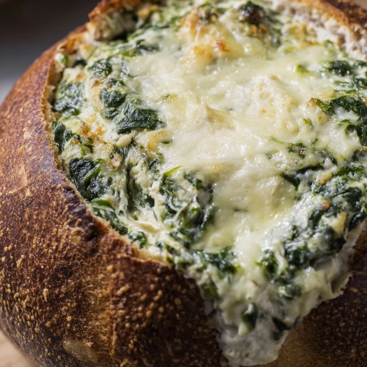 A close-up of warm Super Bowl Spinach Dip bubbling inside a hollowed-out sourdough bread bowl, served with fresh vegetable sticks.  