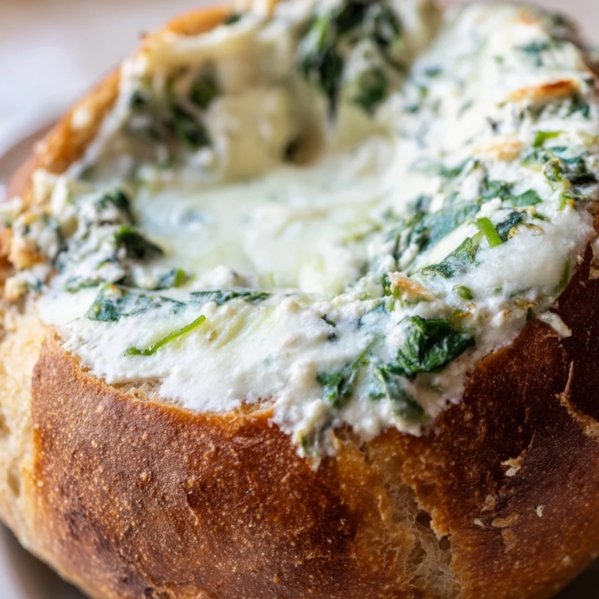 The creamy spinach dip is baked to golden perfection in a crusty bread bowl, ideal for game day sharing with friends.  