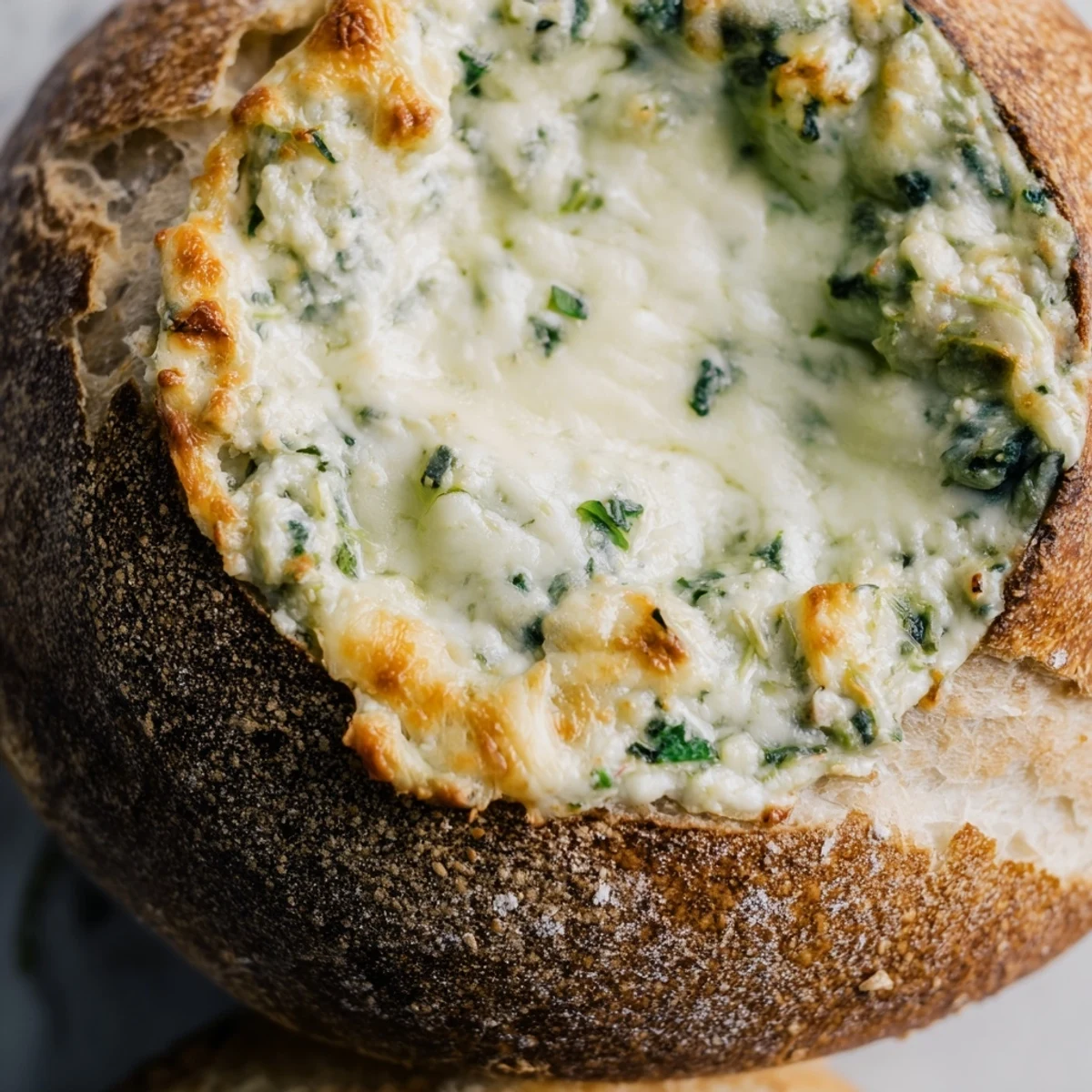 Rich, savory Super Bowl Spinach Dip in a rustic bread bowl garnished with herbs, surrounded by crunchy bread cubes for dipping.