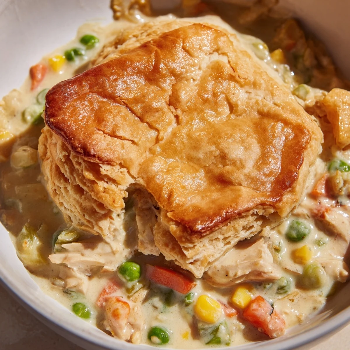 A hearty serving of Chicken Pie Casserole with Veggies, with a spoon ready for a comforting family dinner.