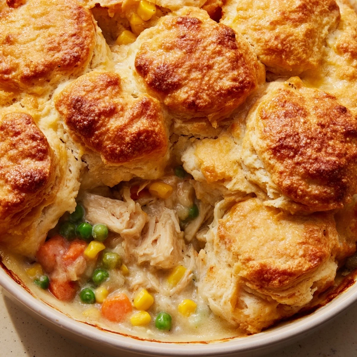 Golden biscuit-topped Chicken Pie Casserole with Veggies, featuring creamy chicken and colorful peas and corn.