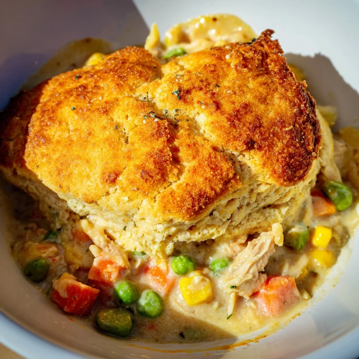 Bubbling Chicken Pie Casserole with Veggies, showcasing a golden crust and tender chicken in a savory sauce.