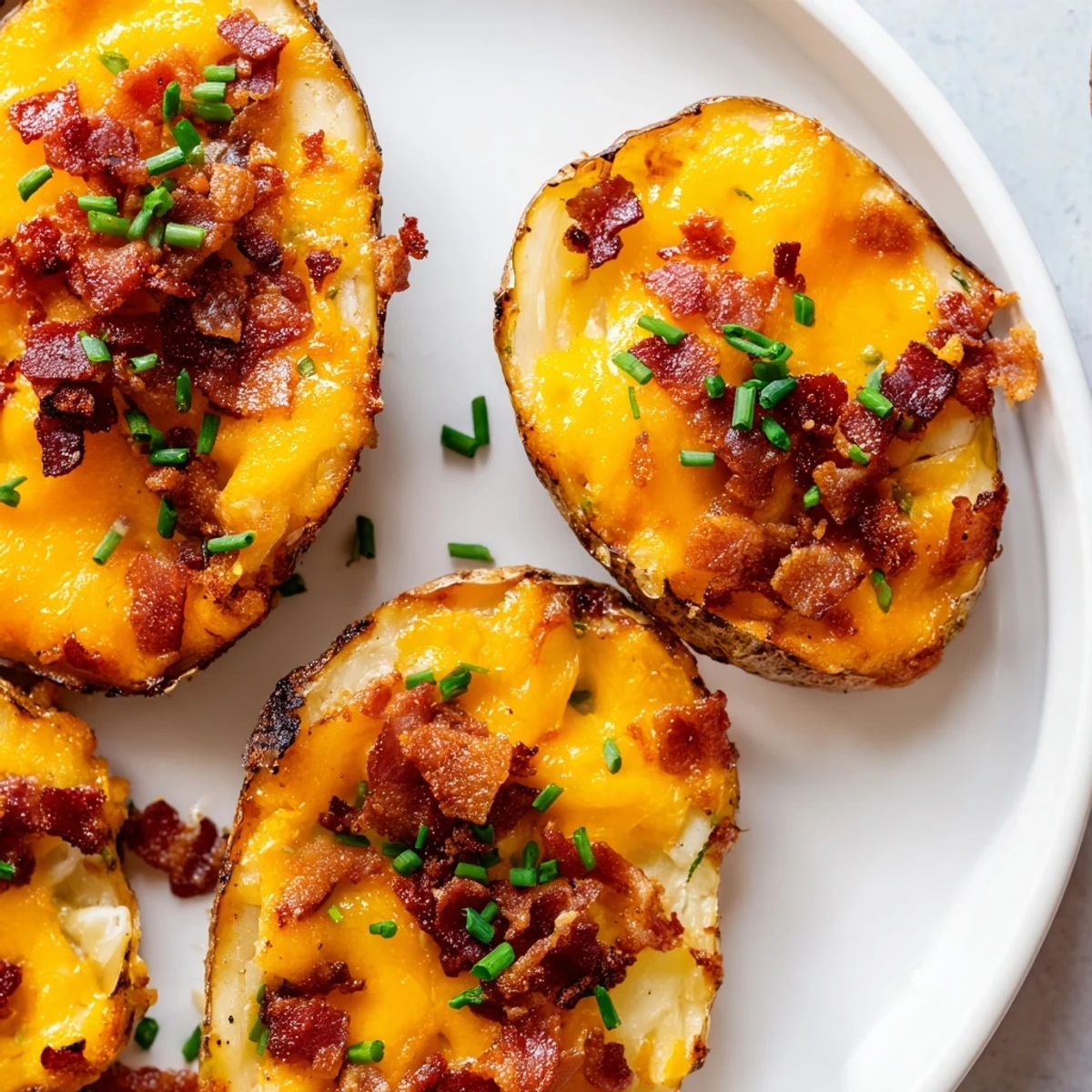 Golden-baked Crispy Potato Skins with cheese and bacon sit on a platter, ready to be served hot as an appetizer.