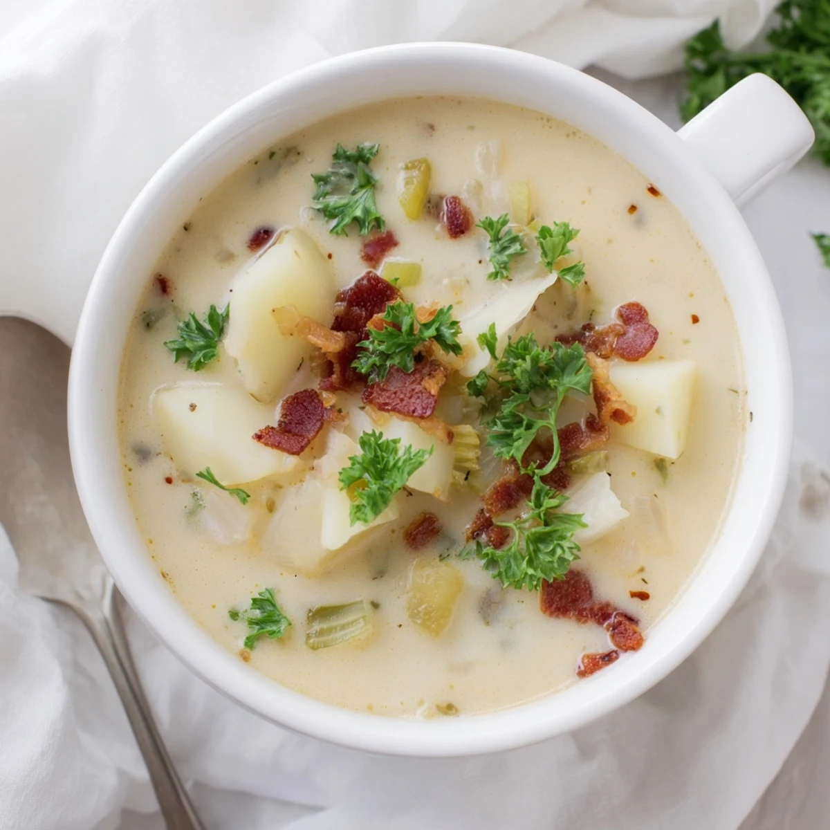Warm Irish Potato Soup with tender potatoes, leeks, and a splash of whole milk.
