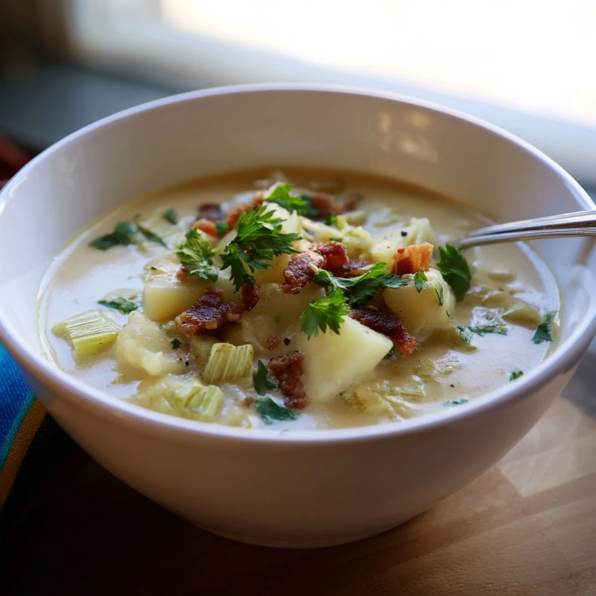 Comforting Irish Potato Soup ladle over a steaming bowl, served with crusty bread.
