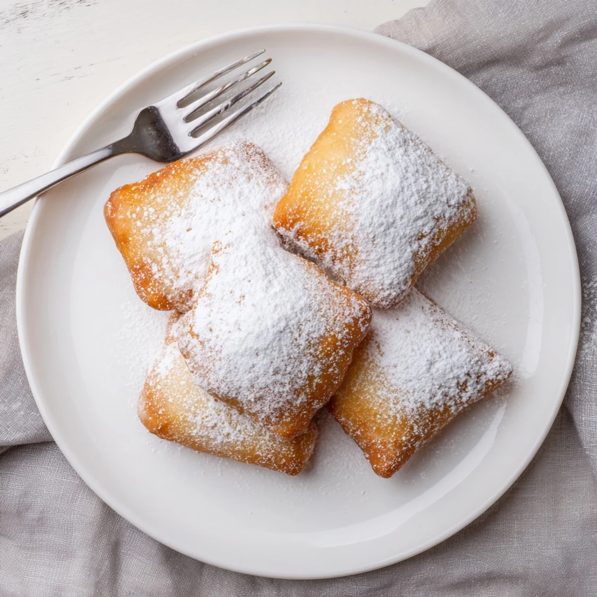 Golden, powdered sugar-dusted Mardi Gras fried dough squares, crispy on the outside and pillowy soft inside.