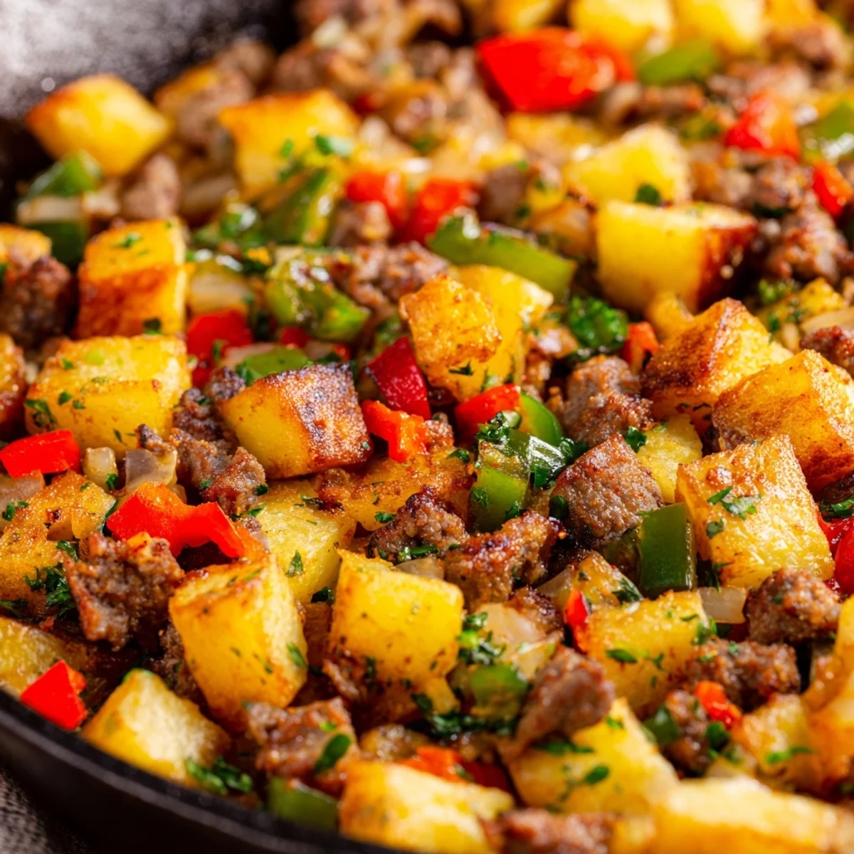 Golden Beef Breakfast Hash with crispy russet potatoes, sautéed bell peppers, and onions served in a skillet.