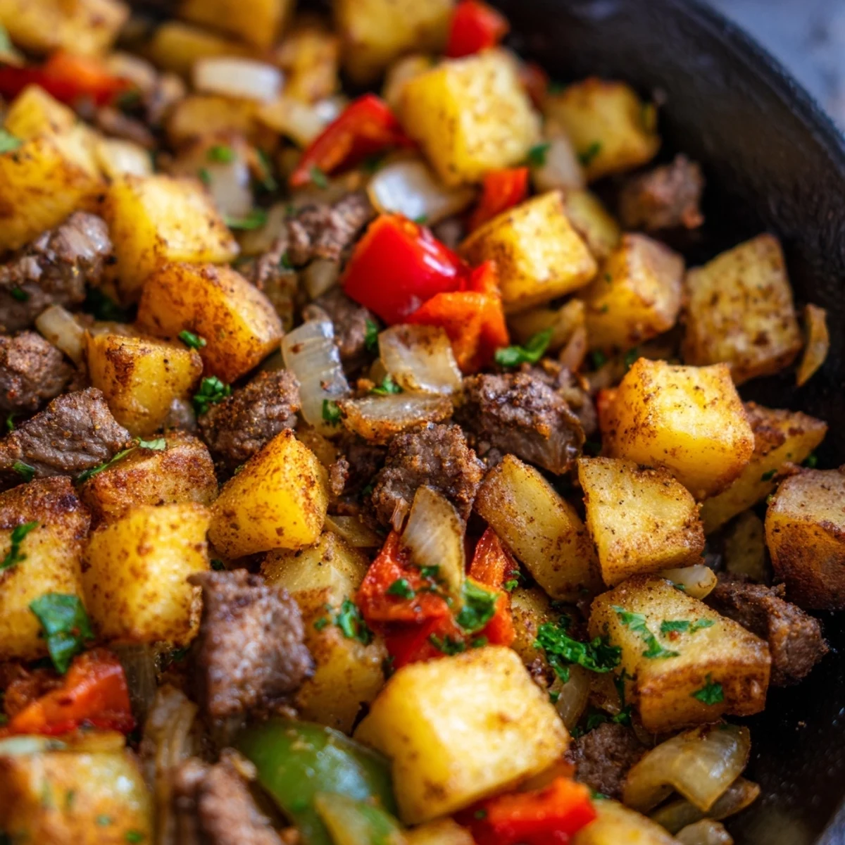 A close-up view of a hearty Beef Breakfast Hash topped with a sunny-side-up egg and fresh parsley.