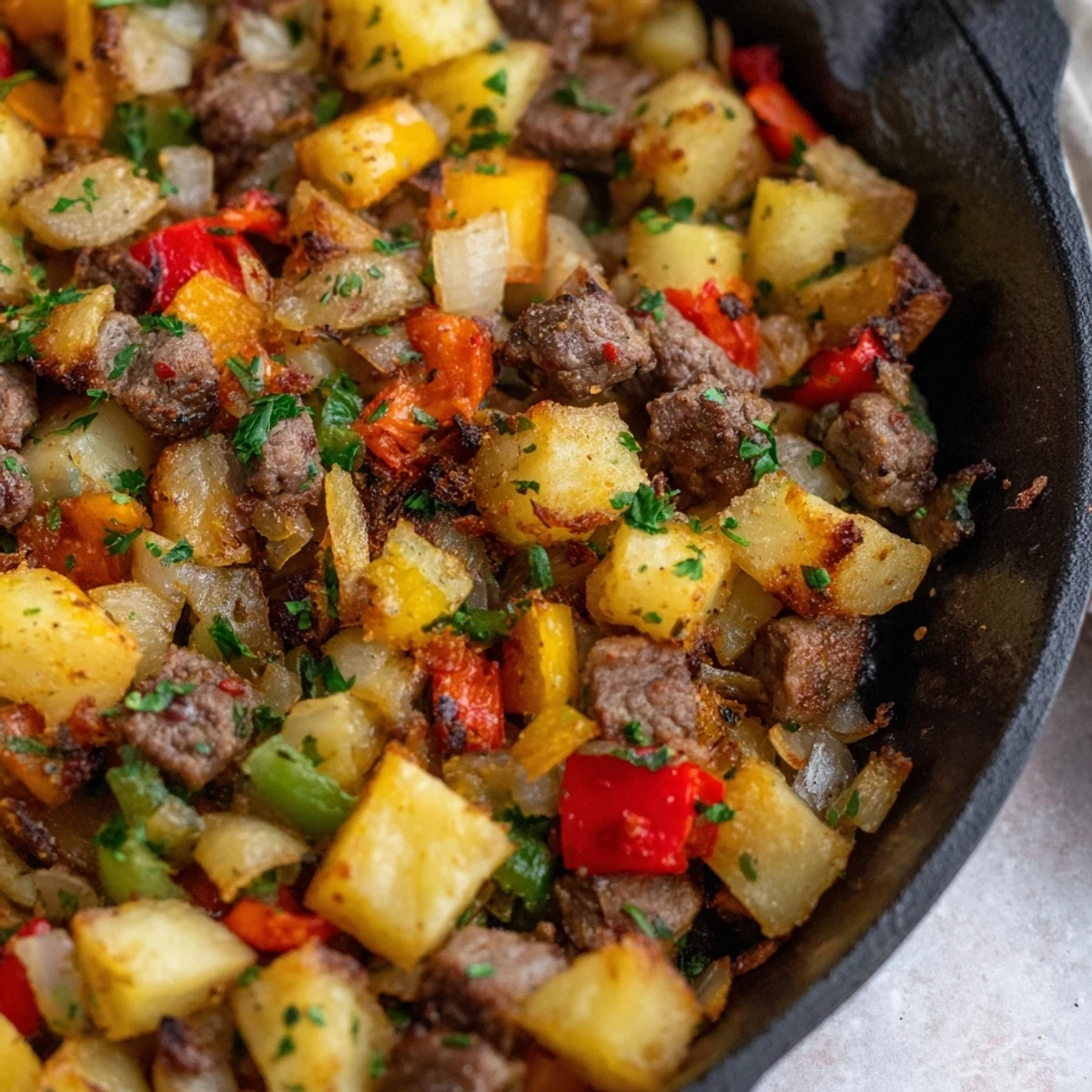 Sizzling Beef Breakfast Hash in a cast-iron skillet, featuring tender beef, vibrant vegetables, and smoky paprika seasoning.