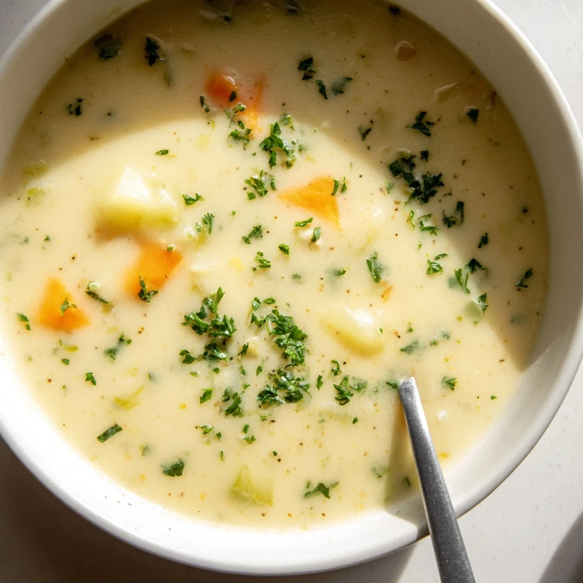 Velvety Creamy Lunch Soup Bowl with tender carrots, celery, and potato on a rustic table.  