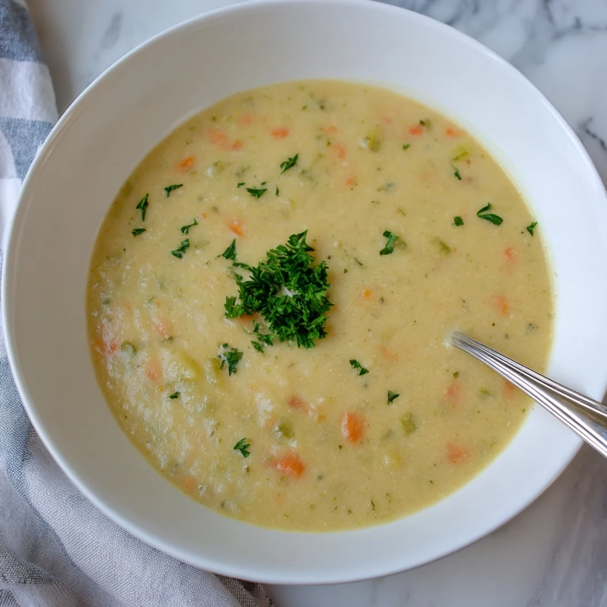 Creamy Lunch Soup Bowl served hot, garnished with fresh parsley in a cozy ceramic bowl.  
