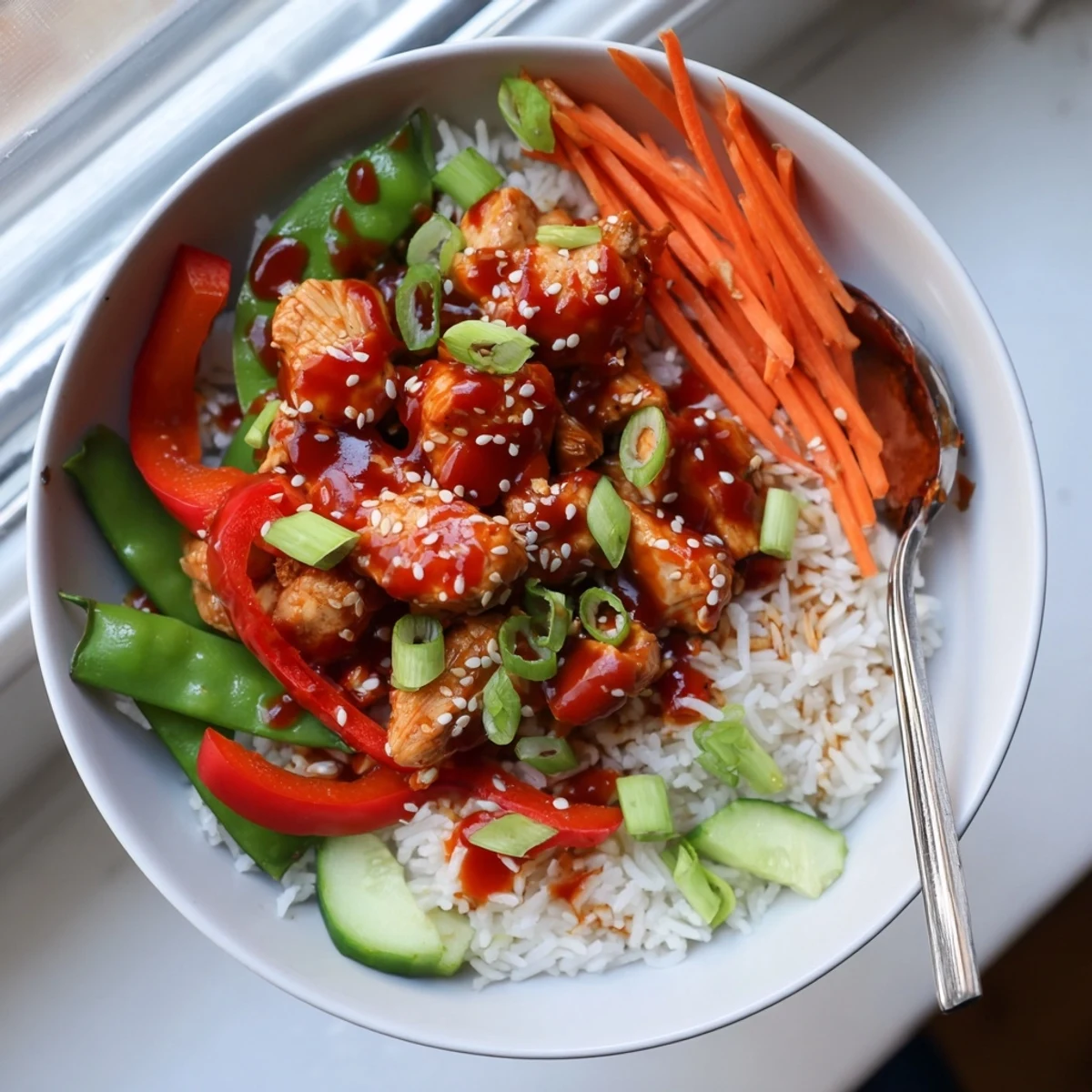 Close-up of Spicy Lunch Bowl Rice showing fluffy grains topped with julienned carrots, snap peas, and green onions for a quick lunch.