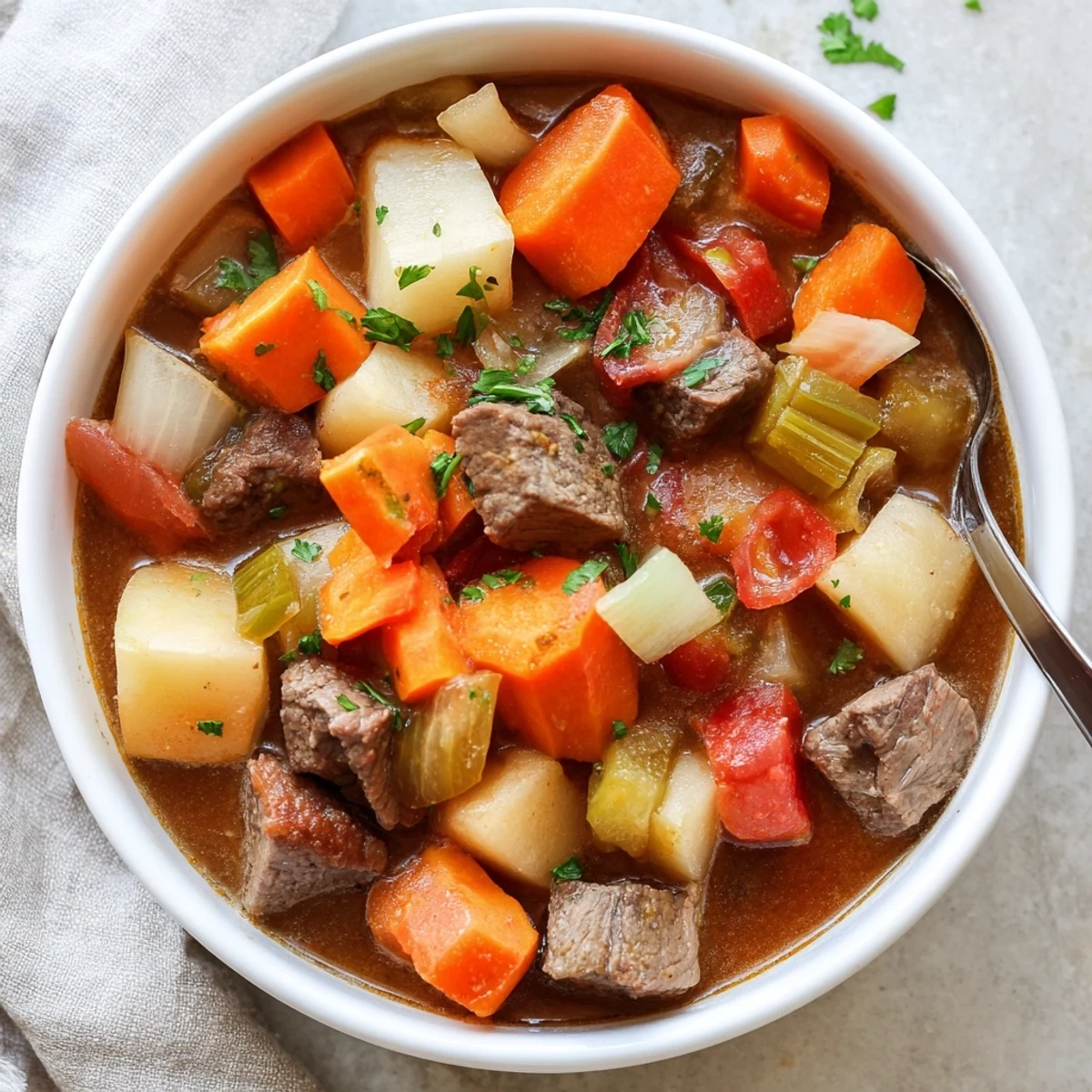 This hearty Winter Lunch Stew bowl features root vegetables and herbs simmering in a rich broth, perfect for a cozy meal.