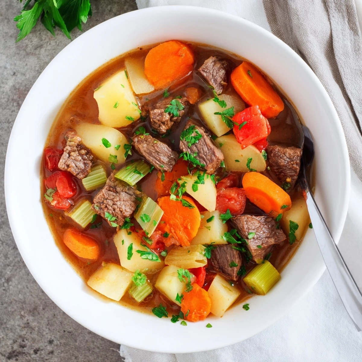 Close-up of a rustic Winter Lunch Stew serving with chunks of meat, parsnips, and celery, ready to enjoy with crusty bread.