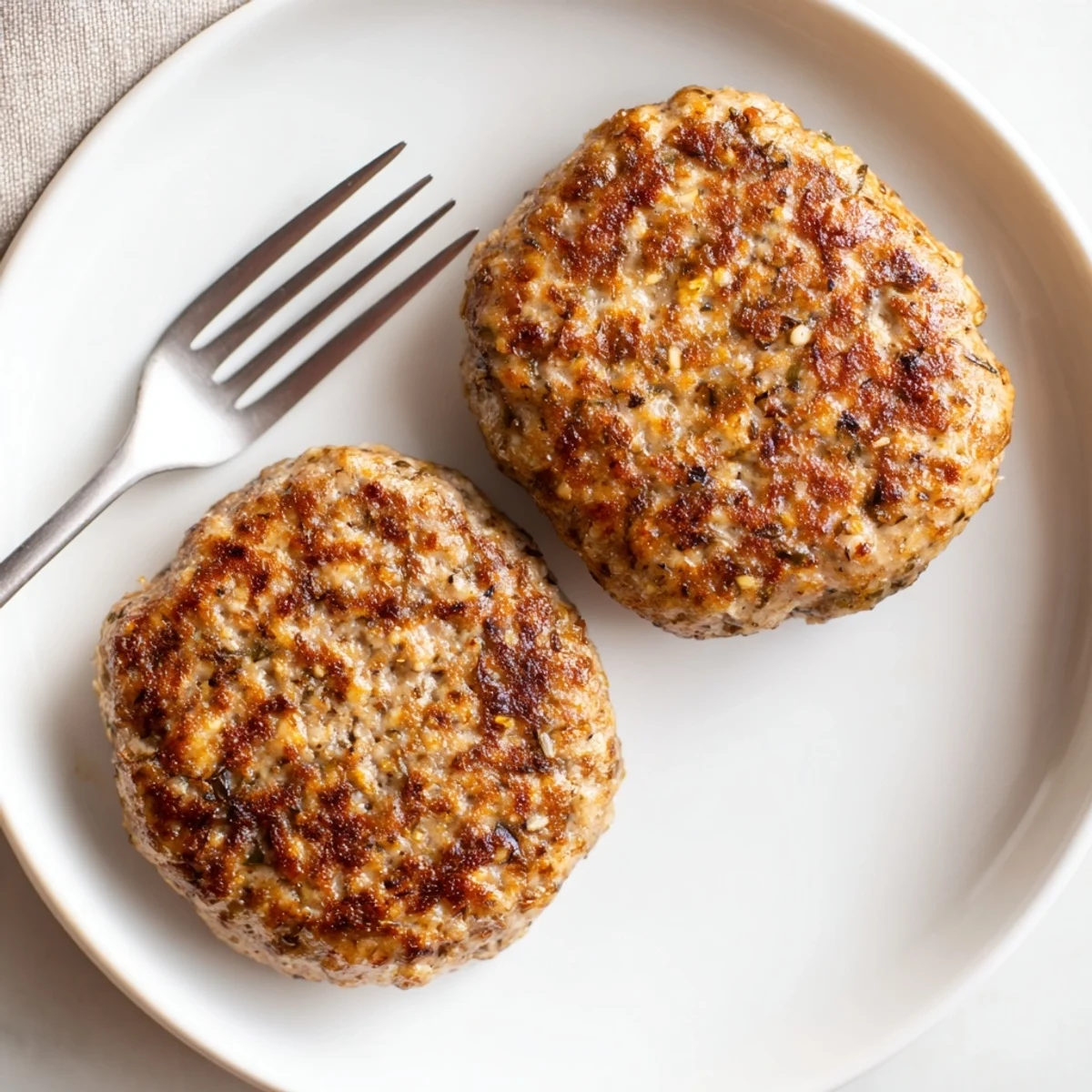 Golden-brown Chicken Breakfast Sausage Patty sizzling in a skillet with fresh sage and thyme.  