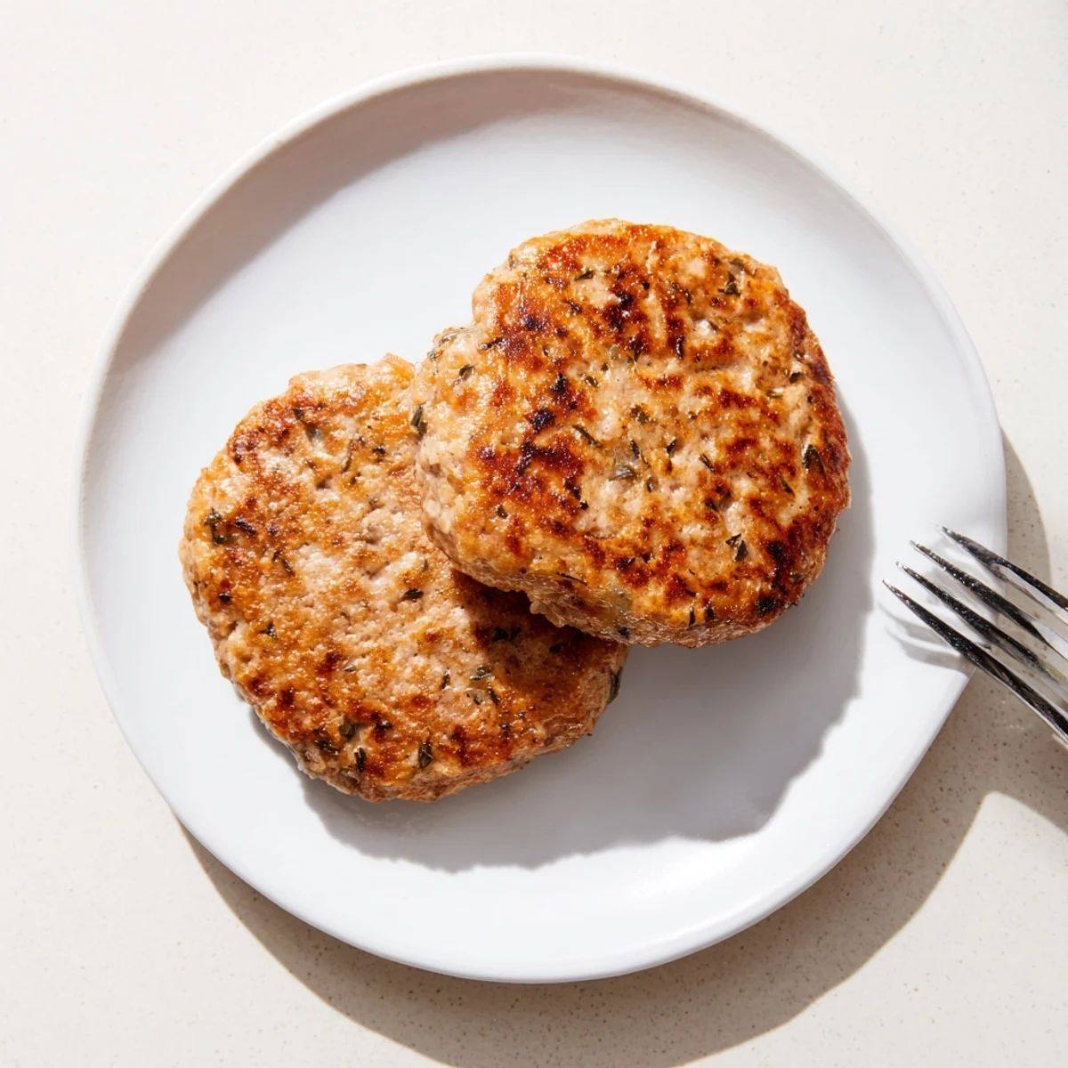 Platter of savory Chicken Breakfast Sausage Patties served alongside fluffy scrambled eggs and toast.  