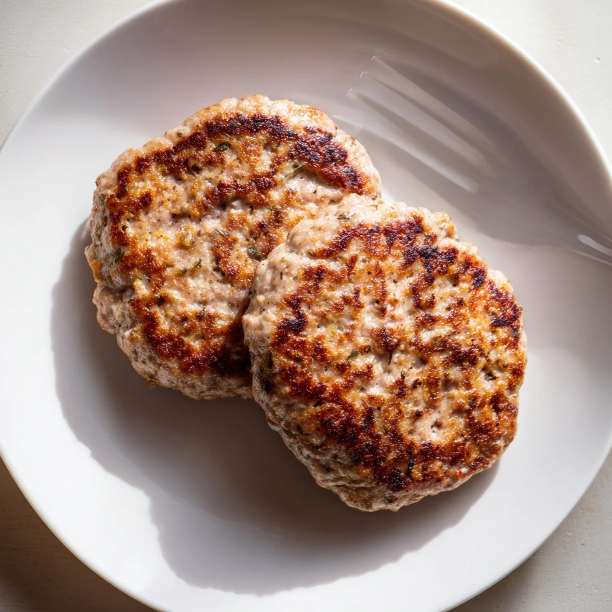 Homemade ground chicken Chicken Breakfast Sausage Patty seasoned with smoked paprika and herbs.