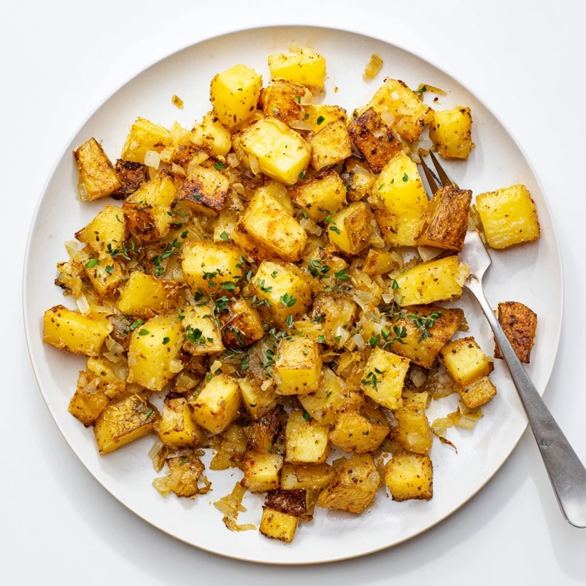 Hearty roasted breakfast potatoes tossed with fresh herbs, perfect alongside scrambled eggs on a rustic platter.  
