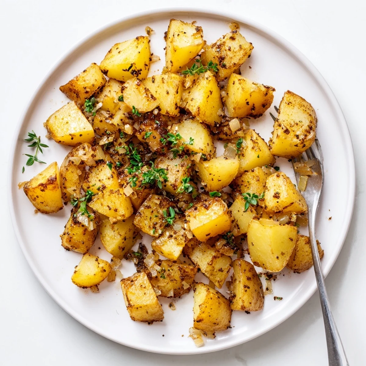 Golden roasted breakfast potatoes, fragrant with chives and thyme, ready for a savory morning brunch plate.