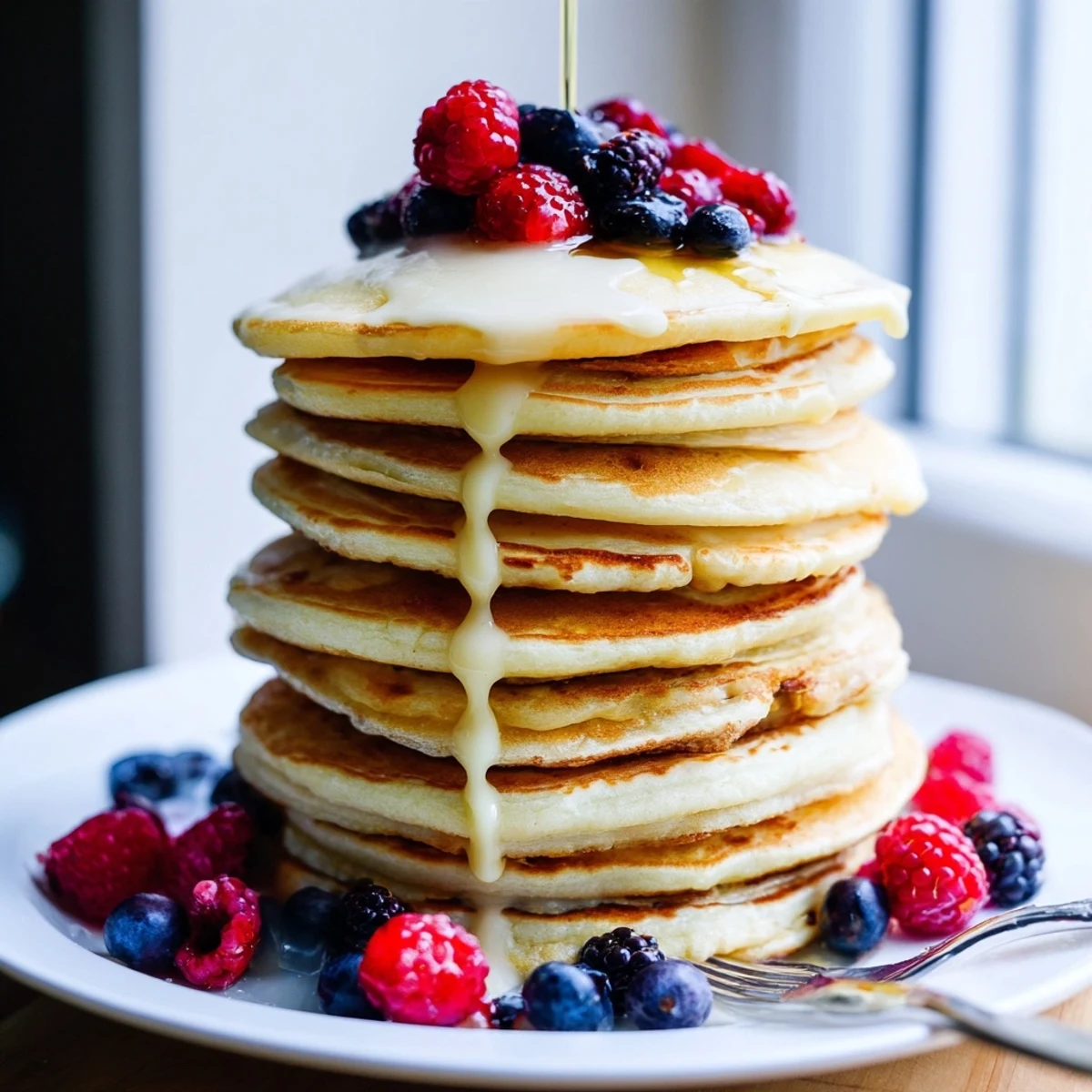 A tall stack of golden Lemon Breakfast Pancake Stack on a white plate with syrup dripping down the sides.  