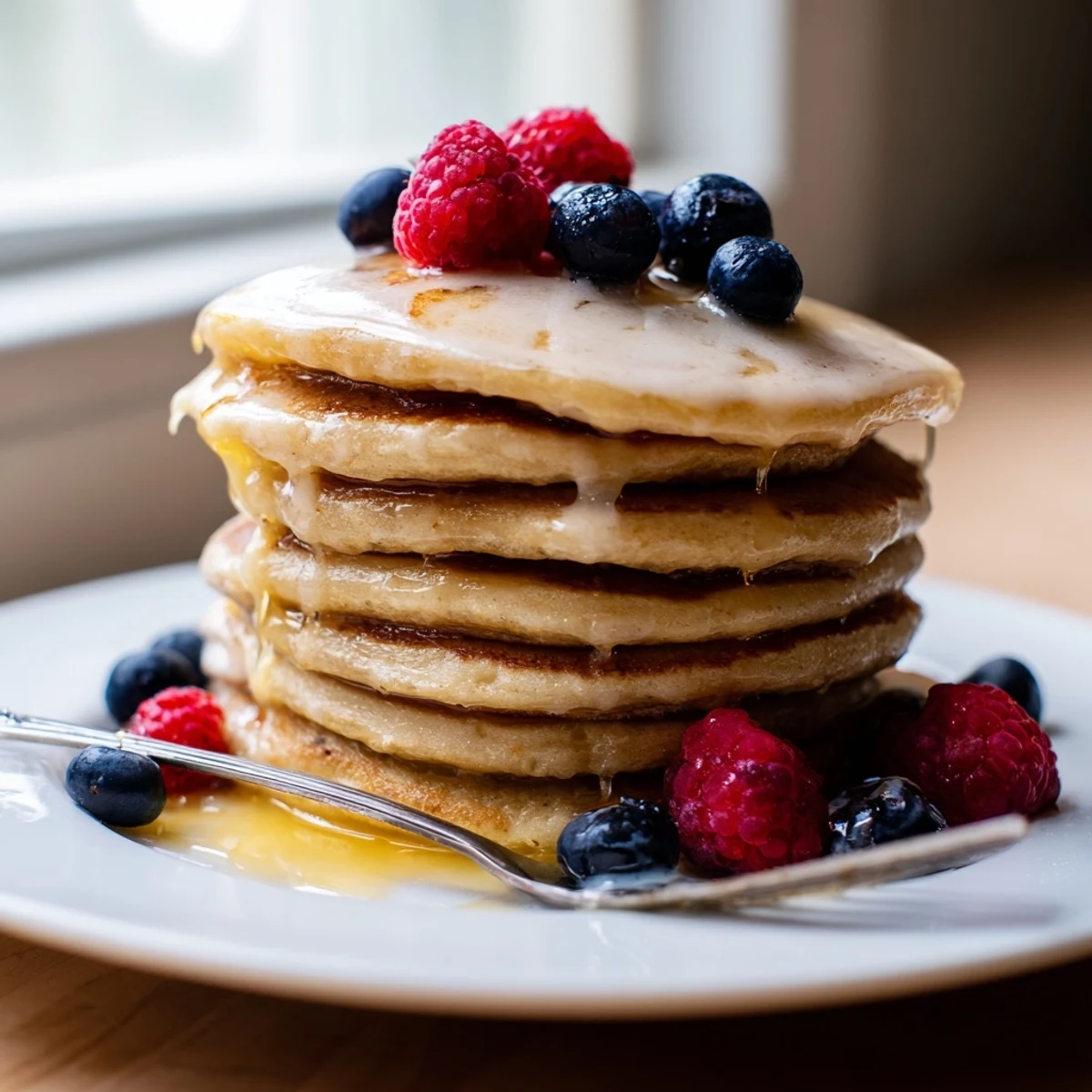Golden-brown Lemon Breakfast Pancake Stack with lemon zest garnish, ready to serve with maple syrup and whipped cream.