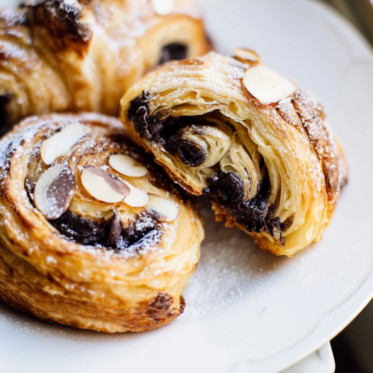 Flaky puff pastry spirals filled with melted dark chocolate and almonds, ready to be baked into golden breakfast rolls.