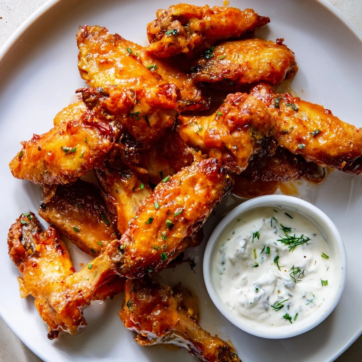 Golden-brown Championship Chicken Wings with Ranch rest on a wire rack, garnished with fresh herbs and served beside a small bowl of creamy dip.