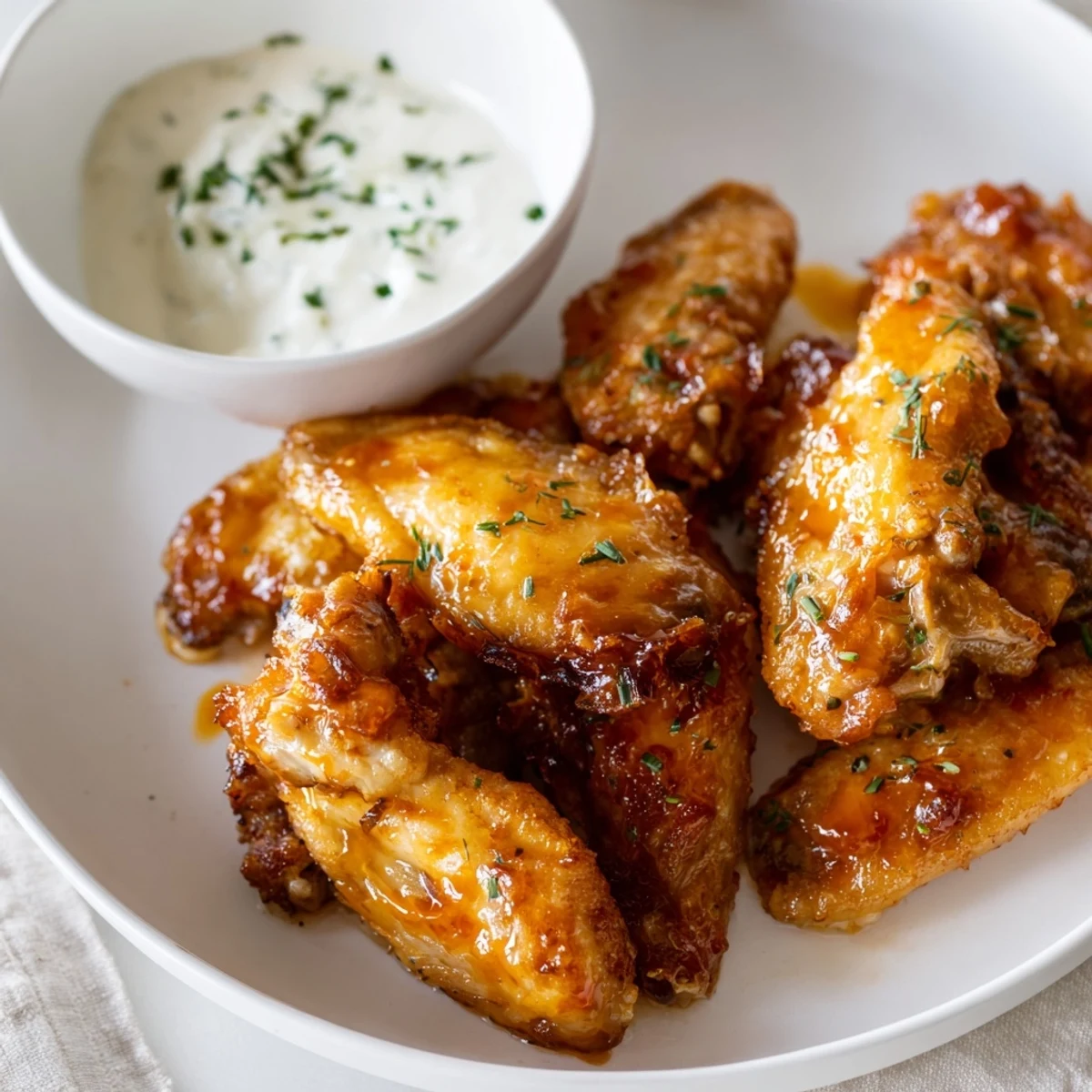 Platter of Championship Chicken Wings with Ranch, drizzled with tangy sauce and topped with fresh chives, served next to a glass of craft beer.