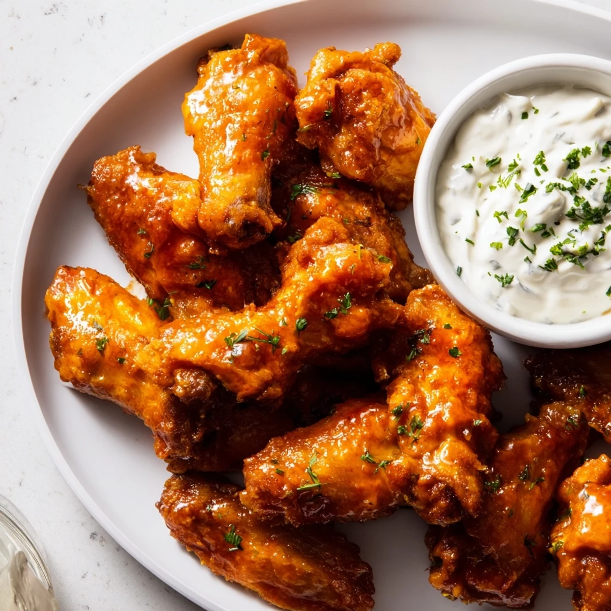 Crispy baked Championship Chicken Wings with Ranch are tossed in a spicy orange sauce and paired with crunchy celery sticks on a white platter.