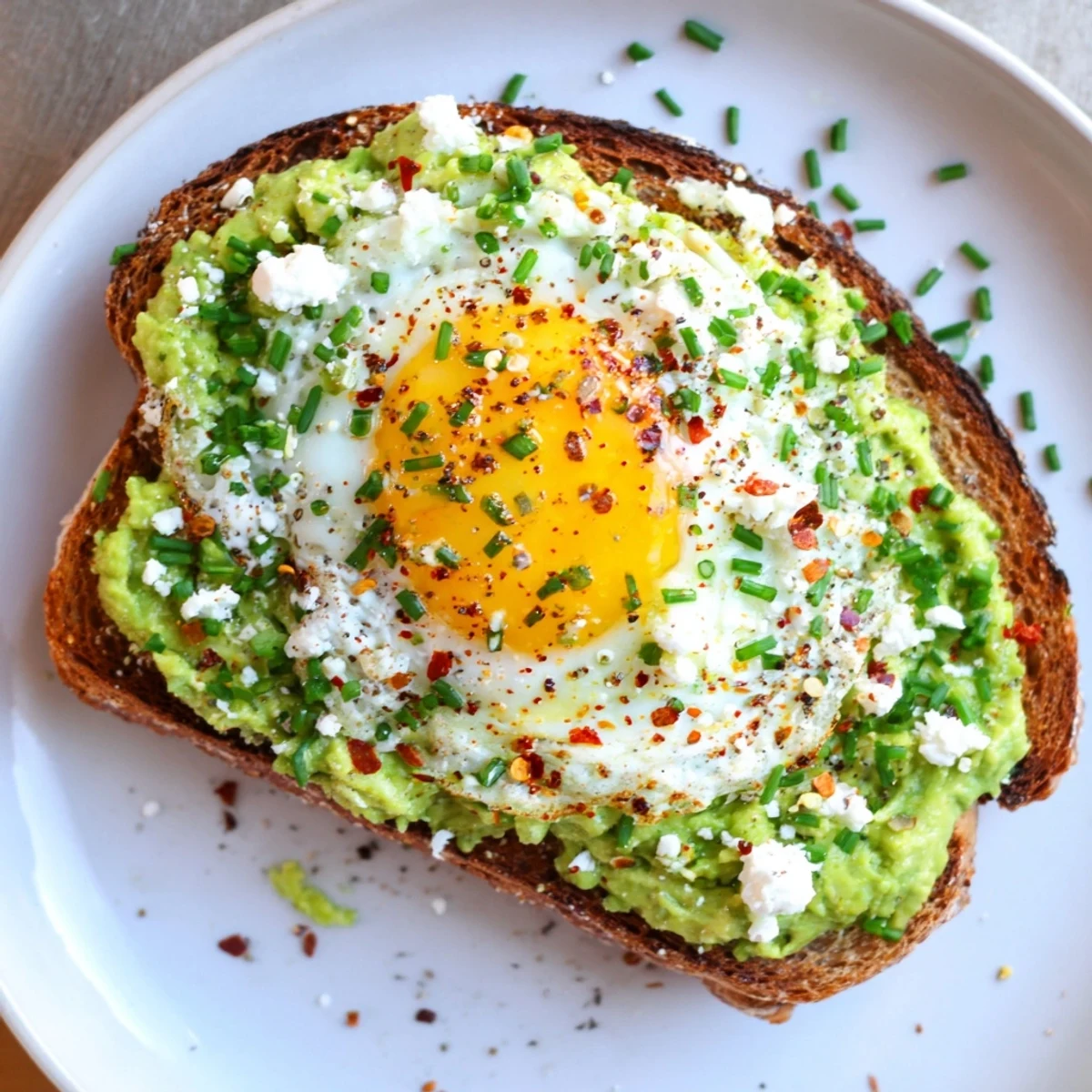 Green Avocado Toast with Egg on toasted whole grain bread, topped with a fried egg and fresh chives for a quick vegetarian breakfast.