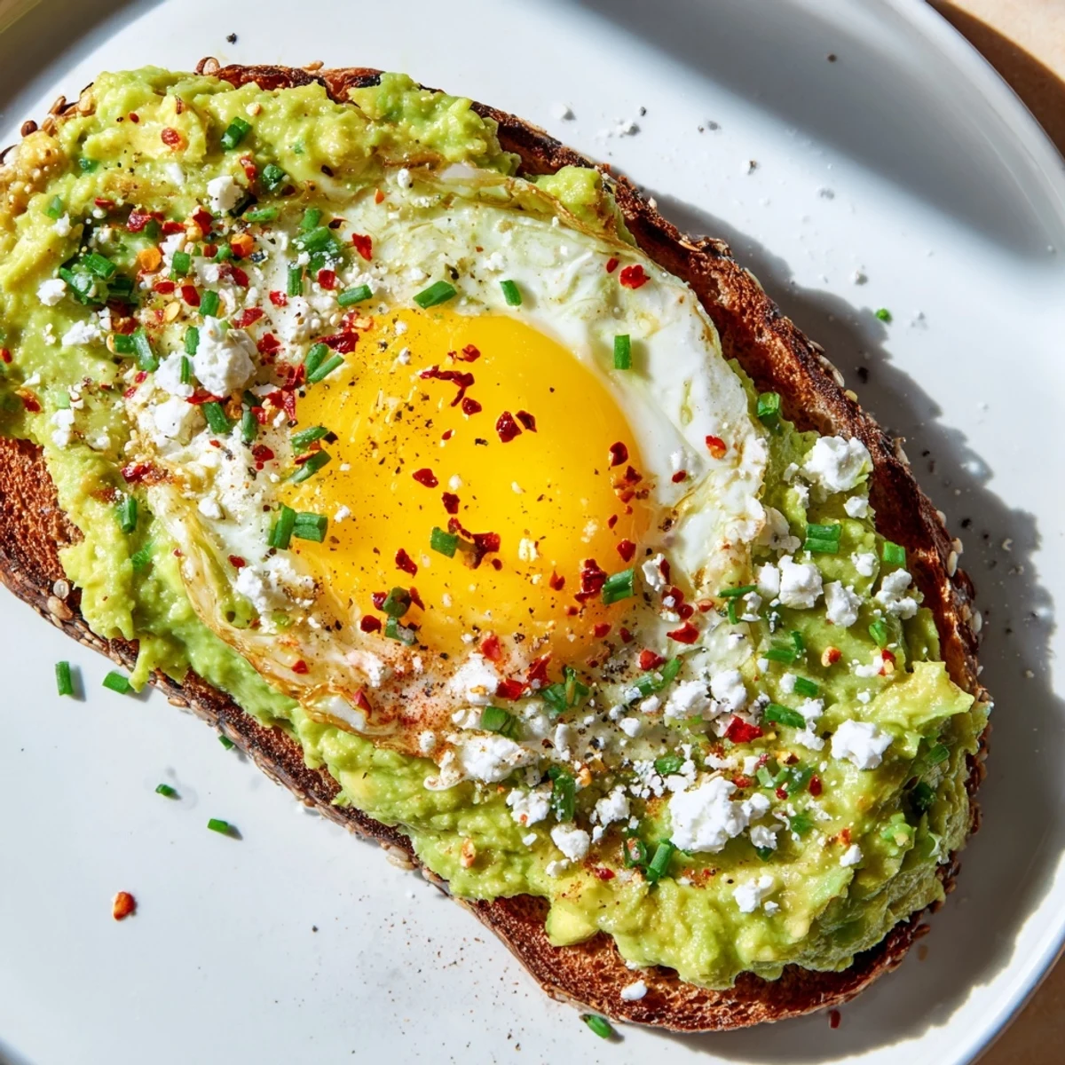 A close-up of Green Avocado Toast with Egg, garnished with crumbled feta and red pepper flakes for vibrant flavor.