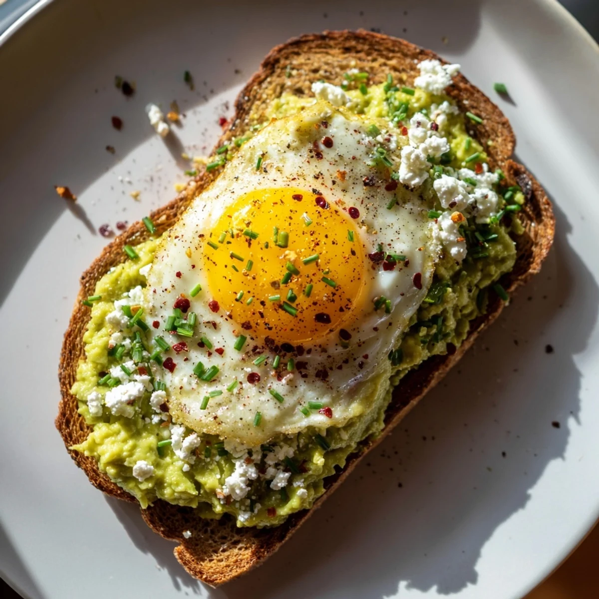 Rustic plate with Green Avocado Toast with Egg, avocado spread, and a runny yolk, paired with a cup of coffee.