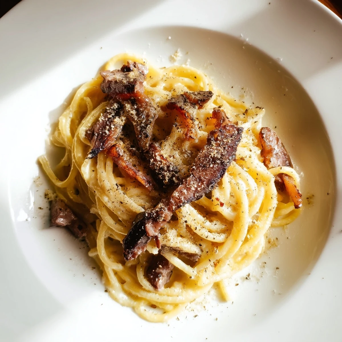 Golden strands of Romantic Pasta Carbonara with Beef Bacon twirl with crispy beef bacon in a creamy egg sauce. 