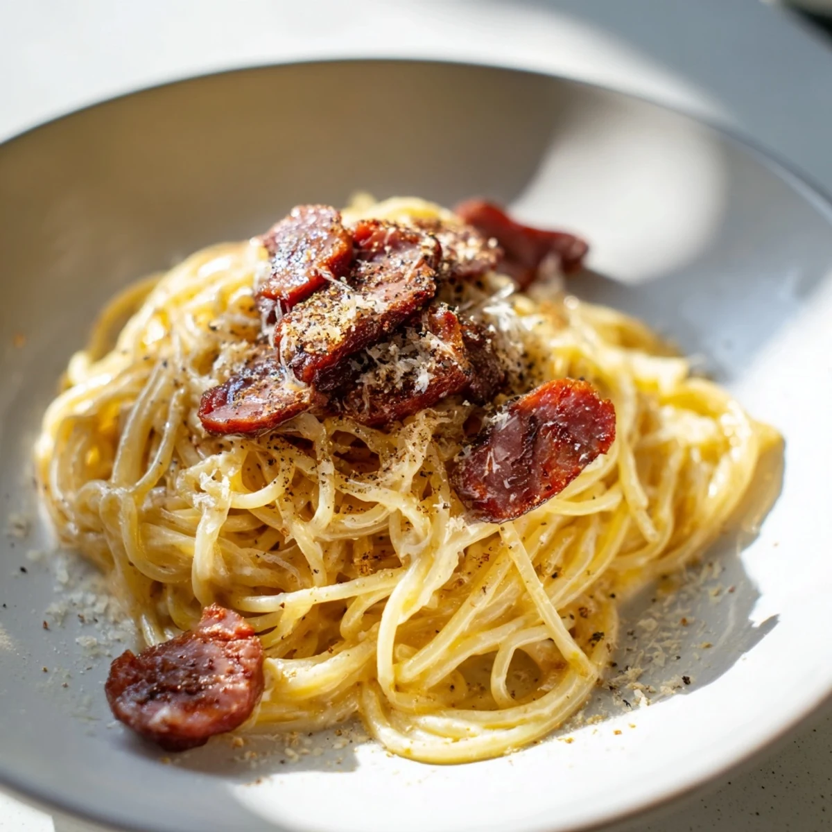 Two warm plates of Romantic Pasta Carbonara with Beef Bacon, garnished with parsley and Parmesan, for a cozy date night. 
