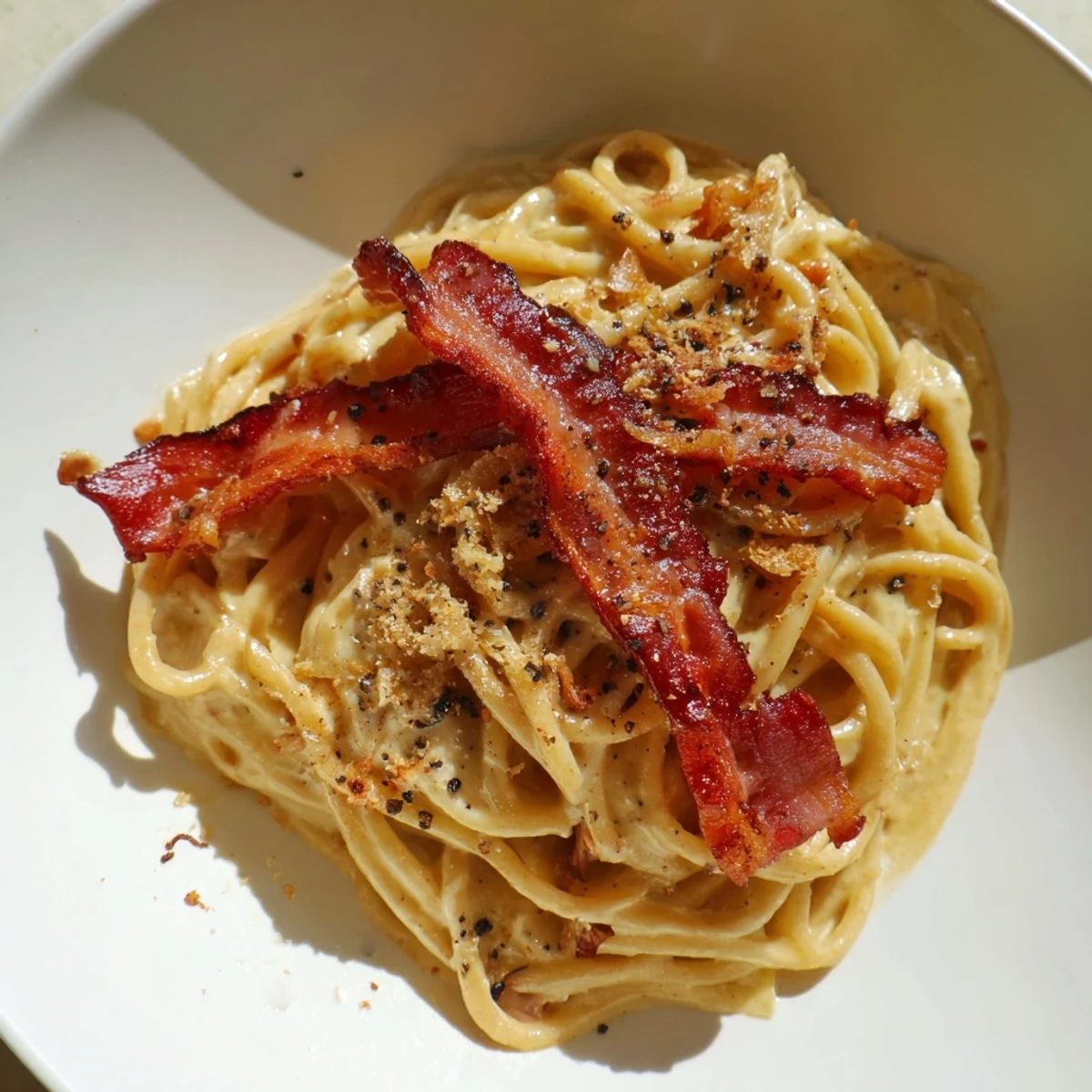 Silky Romantic Pasta Carbonara with Beef Bacon steams in a skillet next to fresh Parmesan and black pepper.