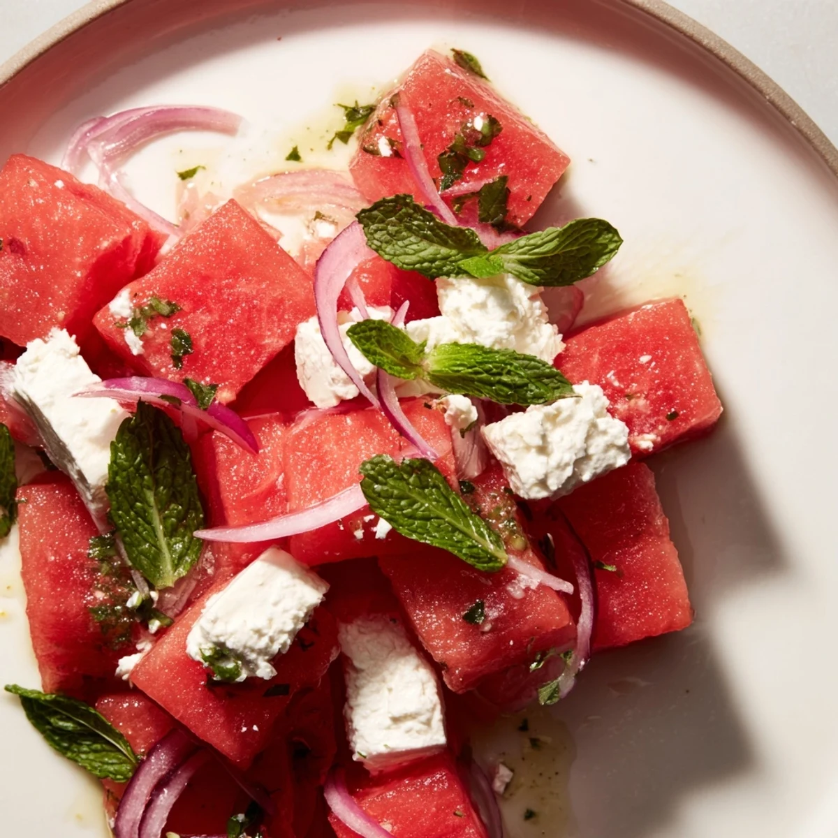 Fresh chilled Pink Watermelon Salad with feta, cucumbers, and mint served in a white bowl.
